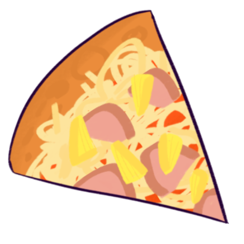  A drawing of a slice of pizza with tomato sauce, cheese, pineapple chunks, and sliced ham on top.